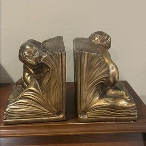 Antique Bronze Bookend Set with Cherub Design